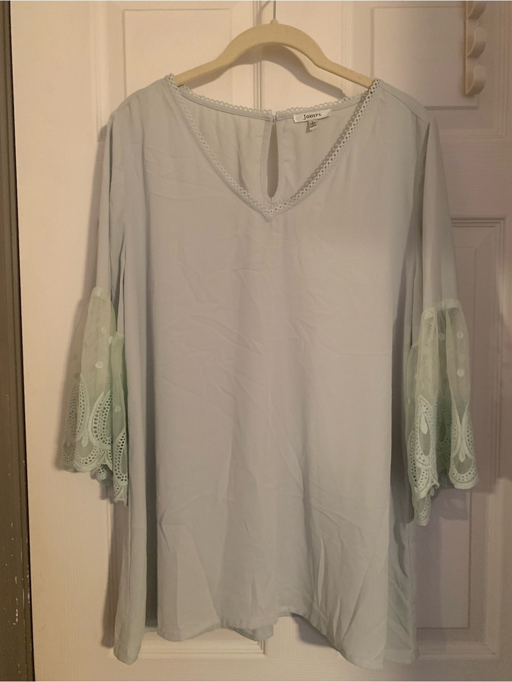 JODIFL Sage Green V-Neck Blouse with Lace Bell Sleeves